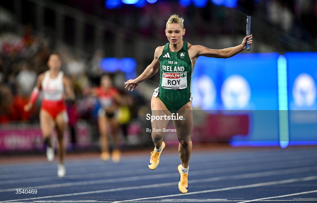 15 August 2026; Lauren Roy of Ireland during the women's 4x100m final on day six of the European Athletics Championships 2026 at Alexander Stadium in Birmingham, England. Photo by Sam Barnes/Sportsfile