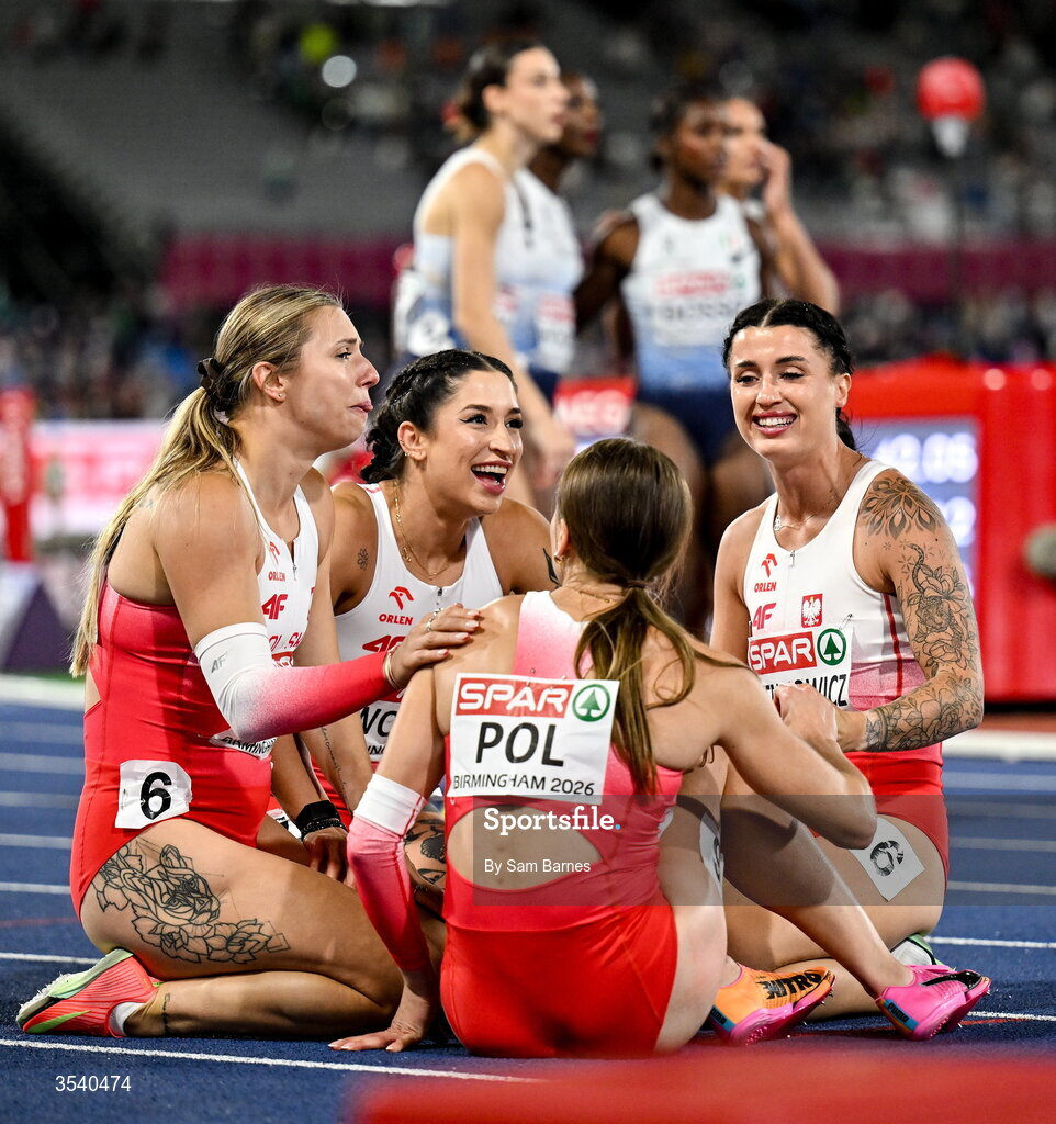 15 August 2026; The Poland team after finishing third in the women's 4x100m final on day six of the European Athletics Championships 2026 at Alexander Stadium in Birmingham, England. Photo by Sam Barnes/Sportsfile