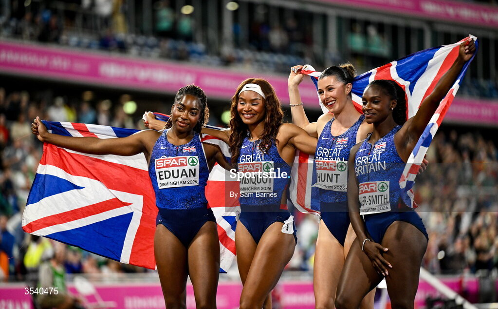 15 August 2026; The Great Britain and Northern Ireland team, from left, Success Eduan, Imani Lansiquot, Amy Hunt, and Dina Asher-Smith after the women's 4x100m final on day six of the European Athletics Championships 2026 at Alexander Stadium in Birmingham, England. Photo by Sam Barnes/Sportsfile