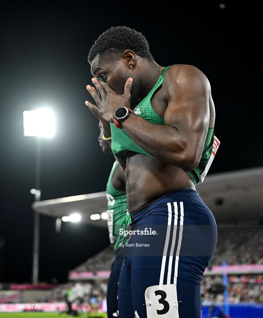 15 August 2026; Bori Akinola of Ireland after the men's 4x100m final during day six of the European Athletics Championships 2026 at Alexander Stadium in Birmingham, England. Photo by Sam Barnes/Sportsfile