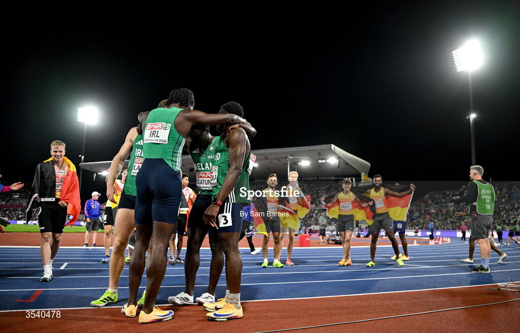 15 August 2026; The Ireland 4x100m team after during day six of the European Athletics Championships 2026 at Alexander Stadium in Birmingham, England. Photo by Sam Barnes/Sportsfile