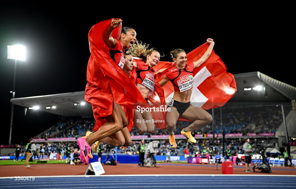 15 August 2026; The second placed Switzerland women's 4x100m final team on day six of the European Athletics Championships 2026 at Alexander Stadium in Birmingham, England. Photo by Sam Barnes/Sportsfile