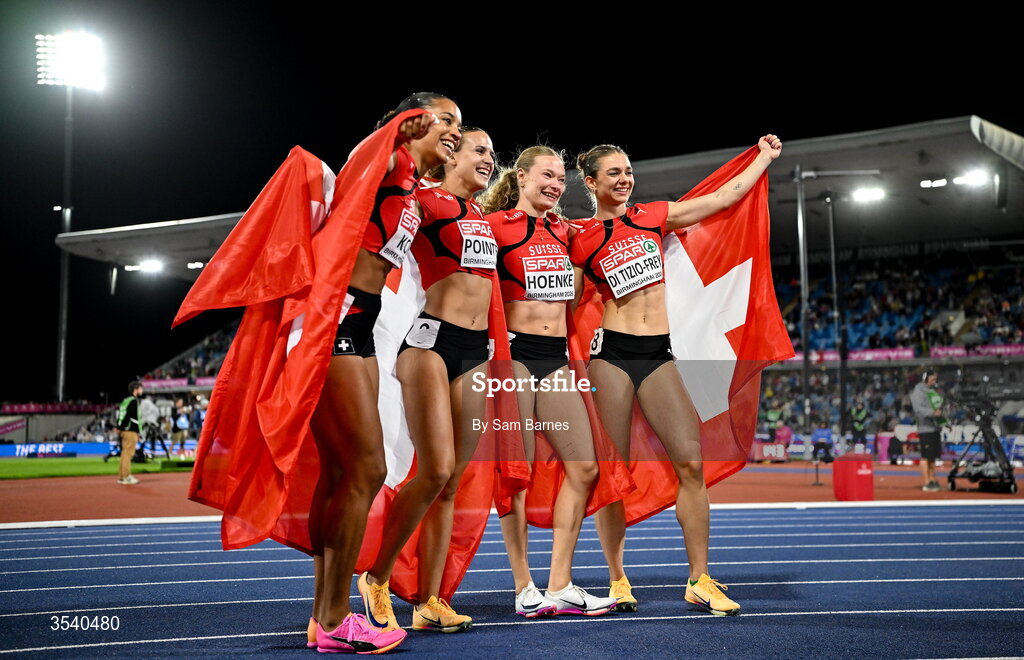 15 August 2026; The second placed Switzerland women's 4x100m final team on day six of the European Athletics Championships 2026 at Alexander Stadium in Birmingham, England. Photo by Sam Barnes/Sportsfile
