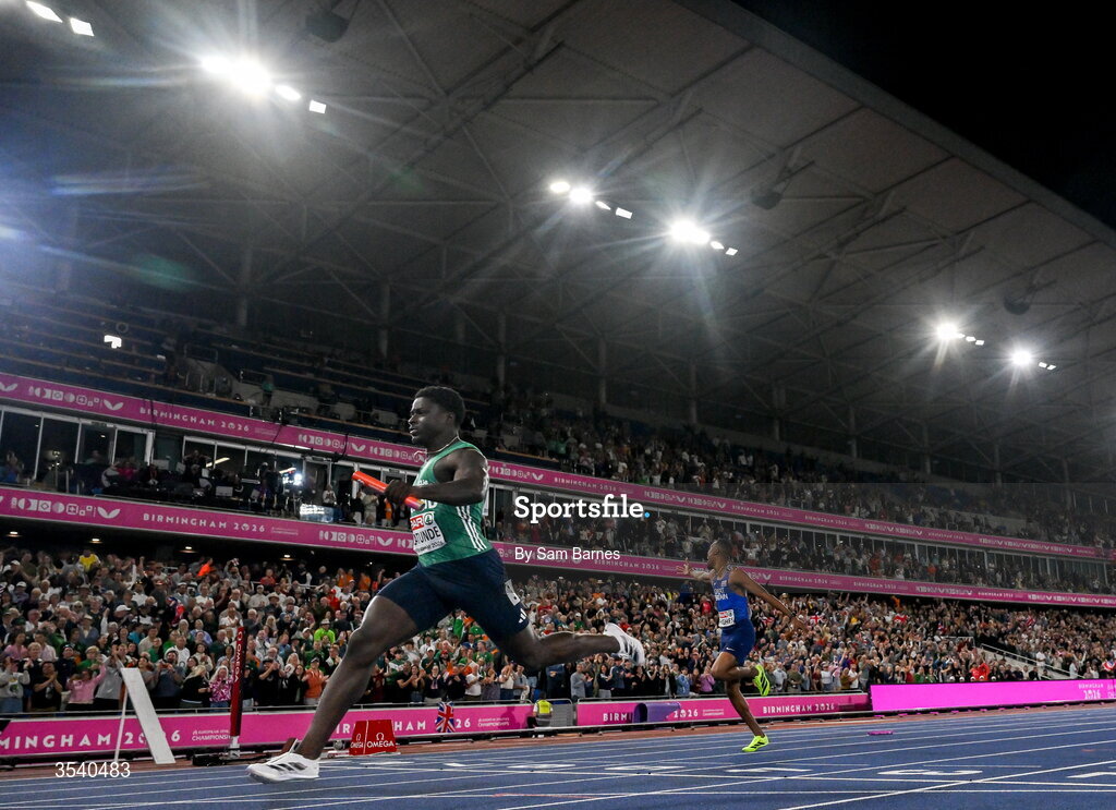 15 August 2026; Israel Olatunde of Ireland during the men's 4x100m final during day six of the European Athletics Championships 2026 at Alexander Stadium in Birmingham, England. Photo by Sam Barnes/Sportsfile
