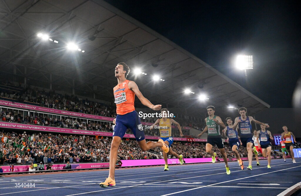 15 August 2026; Stefan Nillessen of Netherlands celebrates winning the men's 1500m final during day six of the European Athletics Championships 2026 at Alexander Stadium in Birmingham, England. Photo by Sam Barnes/Sportsfile