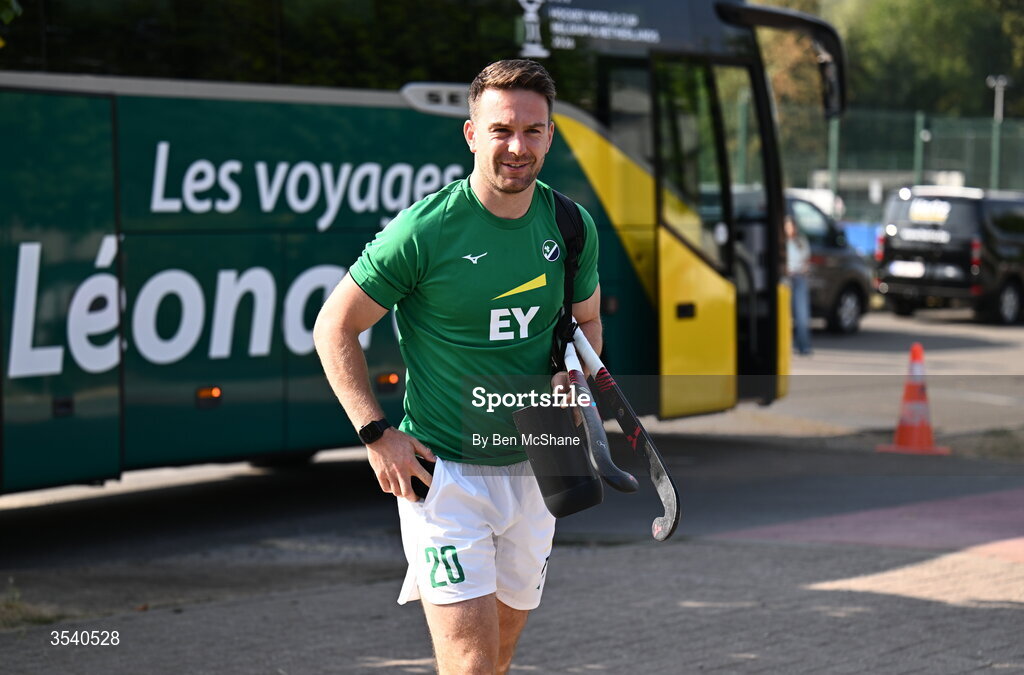 16 August 2026; Jeremy Duncan of Ireland arrives before the FIH Men's Hockey World Cup 2026 Pool C match between Ireland and Australia at the Belfius Hockey Arena in Wavre, Belgium. Photo by Ben McShane/Sportsfile