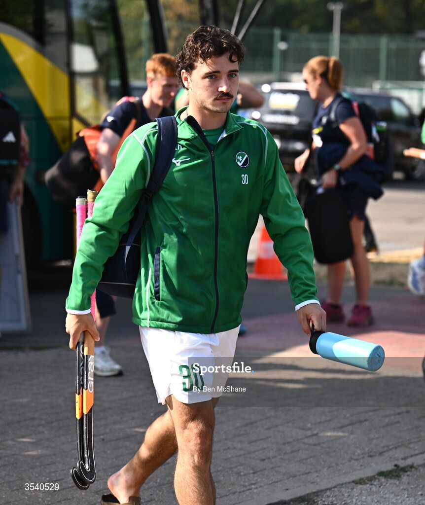 16 August 2026; Louis Rowe of Ireland arrives before the FIH Men's Hockey World Cup 2026 Pool C match between Ireland and Australia at the Belfius Hockey Arena in Wavre, Belgium. Photo by Ben McShane/Sportsfile