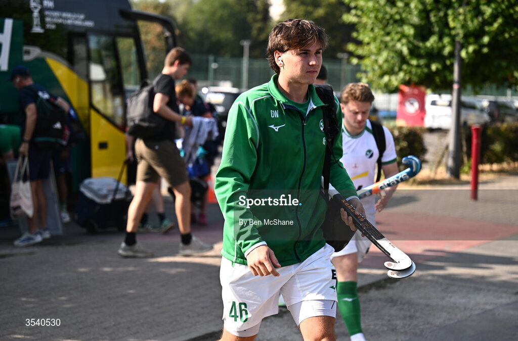 16 August 2026; Gregory Williams of Ireland arrives before the FIH Men's Hockey World Cup 2026 Pool C match between Ireland and Australia at the Belfius Hockey Arena in Wavre, Belgium. Photo by Ben McShane/Sportsfile