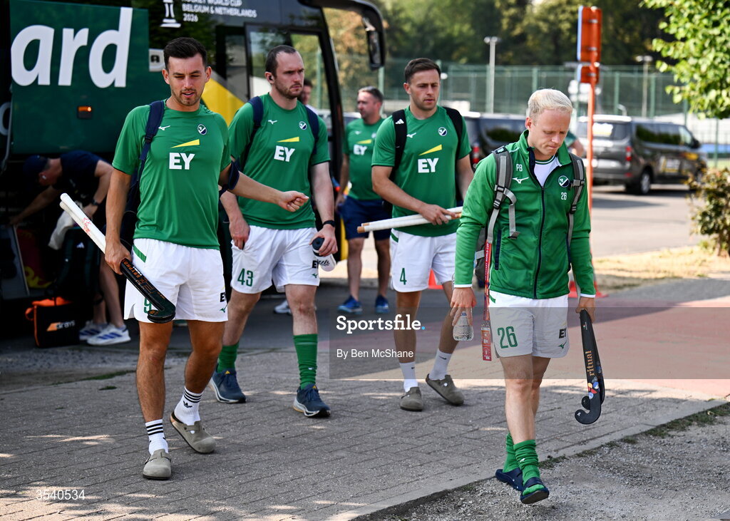 16 August 2026; Ireland players, from left, Matthew Nelson, Luke Roleston, Luke Withrow and Peter Brown arrive beforethe FIH Men's Hockey World Cup 2026 Pool C match between Ireland and Australia at the Belfius Hockey Arena in Wavre, Belgium. Photo by Ben McShane/Sportsfile