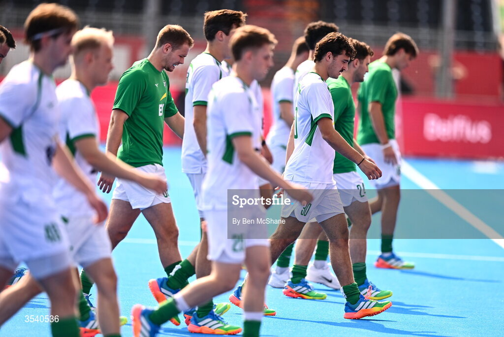 16 August 2026; Ireland players, including Louis Rowe, right, warm-up before during the FIH Men's Hockey World Cup 2026 Pool C match between Ireland and Australia at the Belfius Hockey Arena in Wavre, Belgium. Photo by Ben McShane/Sportsfile