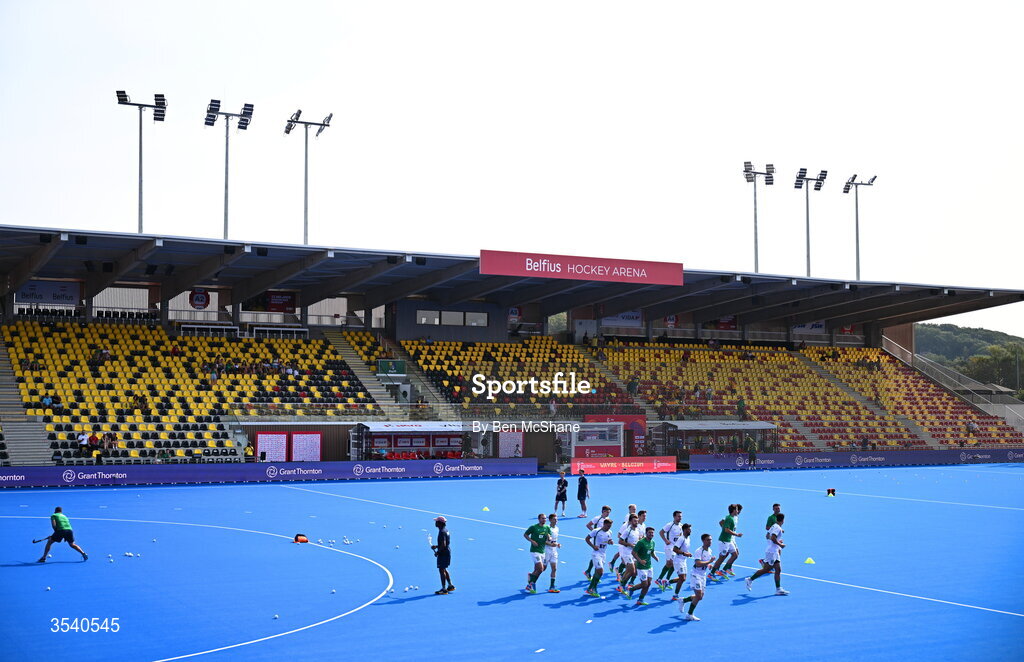 16 August 2026; Ireland players warm-up before the FIH Men's Hockey World Cup 2026 Pool C match between Ireland and Australia at the Belfius Hockey Arena in Wavre, Belgium. Photo by Ben McShane/Sportsfile