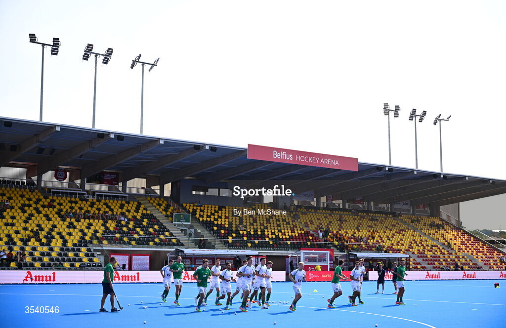 16 August 2026; Ireland players warm-up before the FIH Men's Hockey World Cup 2026 Pool C match between Ireland and Australia at the Belfius Hockey Arena in Wavre, Belgium. Photo by Ben McShane/Sportsfile