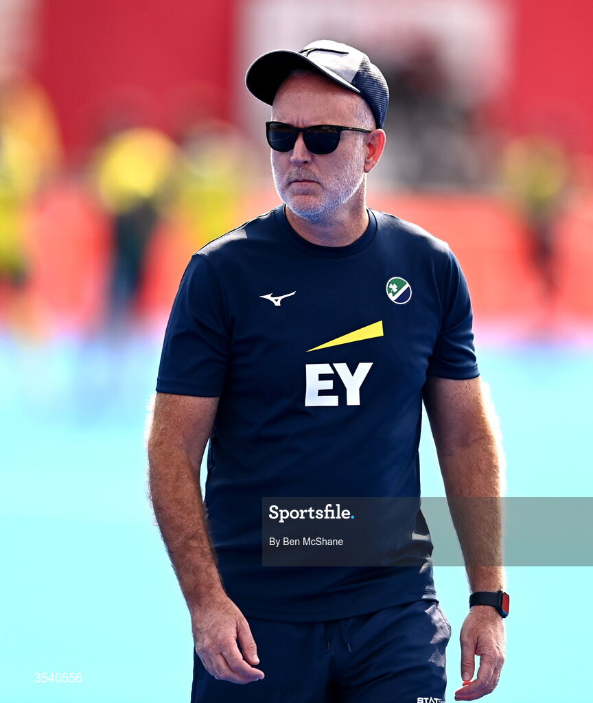 16 August 2026; Ireland head coach Mark Tumilty before the FIH Men's Hockey World Cup 2026 Pool C match between Ireland and Australia at the Belfius Hockey Arena in Wavre, Belgium. Photo by Ben McShane/Sportsfile