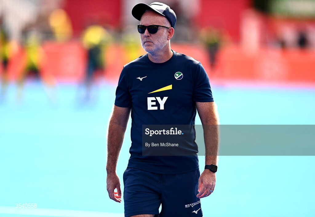 16 August 2026; Ireland head coach Mark Tumilty before the FIH Men's Hockey World Cup 2026 Pool C match between Ireland and Australia at the Belfius Hockey Arena in Wavre, Belgium. Photo by Ben McShane/Sportsfile