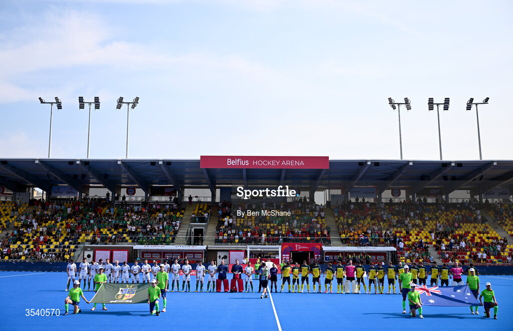 16 August 2026; Players of both sides and officials line-up before during the FIH Men's Hockey World Cup 2026 Pool C match between Ireland and Australia at the Belfius Hockey Arena in Wavre, Belgium. Photo by Ben McShane/Sportsfile
