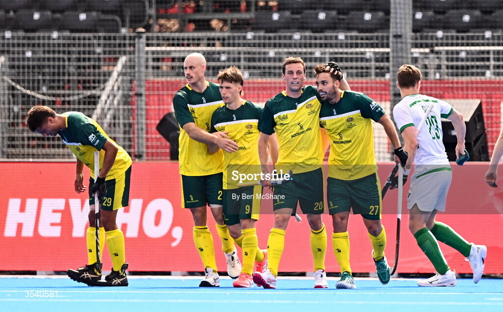 16 August 2026; Joel Rintala of Australia, right, celebrates with teammates after scoring their side's first goal, from a penalty-corner, during the FIH Men's Hockey World Cup 2026 Pool C match between Ireland and Australia at the Belfius Hockey Arena in Wavre, Belgium. Photo by Ben McShane/Sportsfile