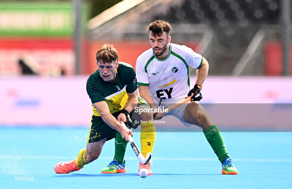 16 August 2026; Liam Henderson of Australia in action against John McKee of Ireland during the FIH Men's Hockey World Cup 2026 Pool C match between Ireland and Australia at the Belfius Hockey Arena in Wavre, Belgium. Photo by Ben McShane/Sportsfile