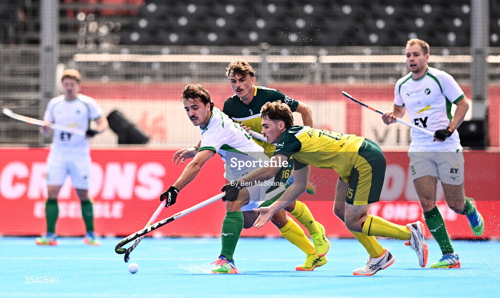 16 August 2026; Louis Rowe of Ireland in action against Jayden Atkinson of Australia during the FIH Men's Hockey World Cup 2026 Pool C match between Ireland and Australia at the Belfius Hockey Arena in Wavre, Belgium. Photo by Ben McShane/Sportsfile