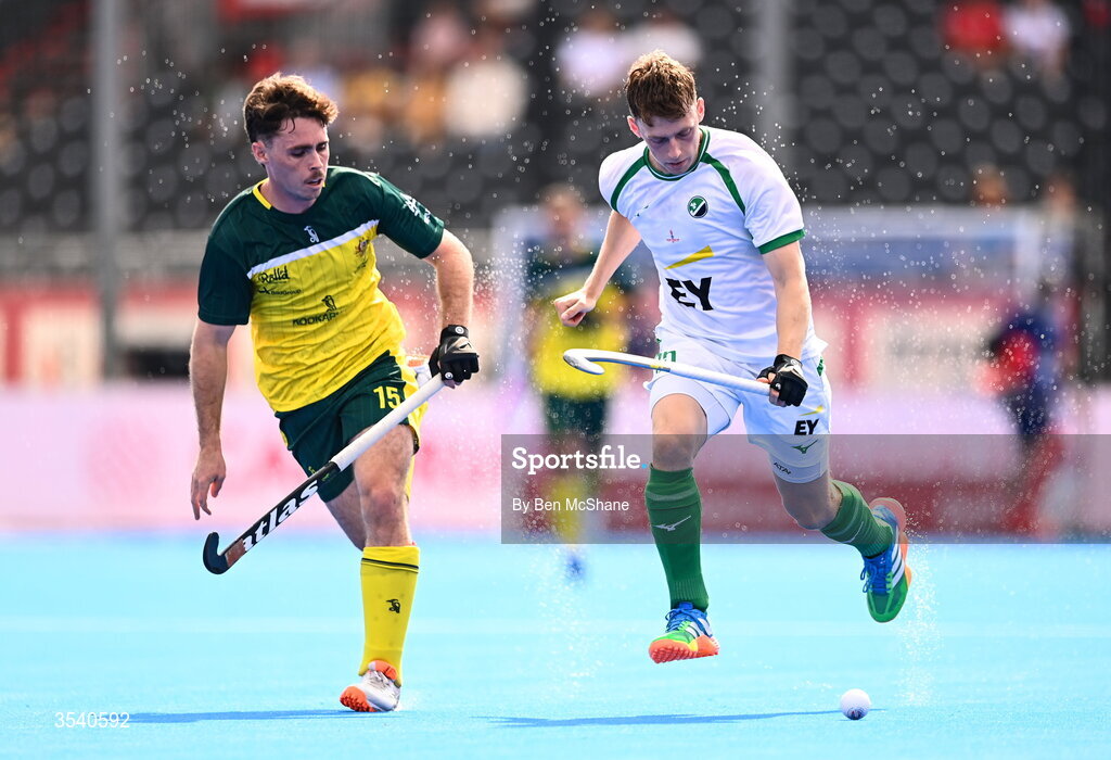 16 August 2026; Jonathan Lynch of Ireland in action against Jayden Atkinson of Australia during the FIH Men's Hockey World Cup 2026 Pool C match between Ireland and Australia at the Belfius Hockey Arena in Wavre, Belgium. Photo by Ben McShane/Sportsfile