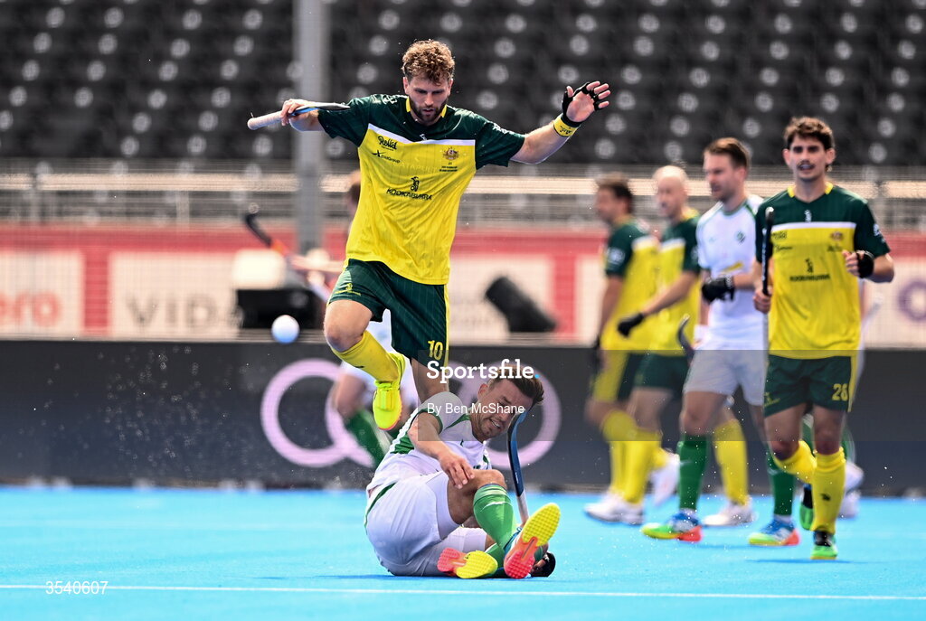 16 August 2026; Matthew Nelson of Ireland is fouled by Joshua Beltz of Australia during the FIH Men's Hockey World Cup 2026 Pool C match between Ireland and Australia at the Belfius Hockey Arena in Wavre, Belgium. Photo by Ben McShane/Sportsfile