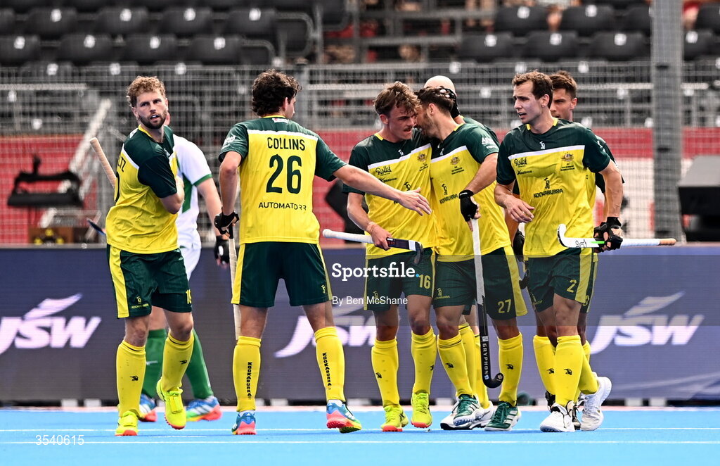 16 August 2026; Joel Rintala of Australia, centre, celebrates with teammates, including Tim Howard, 16, after scoring their side's second goal, from a penalty-corner during the FIH Men's Hockey World Cup 2026 Pool C match between Ireland and Australia at the Belfius Hockey Arena in Wavre, Belgium. Photo by Ben McShane/Sportsfile
