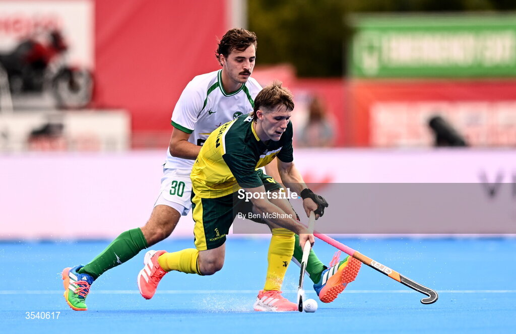 16 August 2026; Liam Henderson of Australia in action against Louis Rowe of Ireland during the FIH Men's Hockey World Cup 2026 Pool C match between Ireland and Australia at the Belfius Hockey Arena in Wavre, Belgium. Photo by Ben McShane/Sportsfile