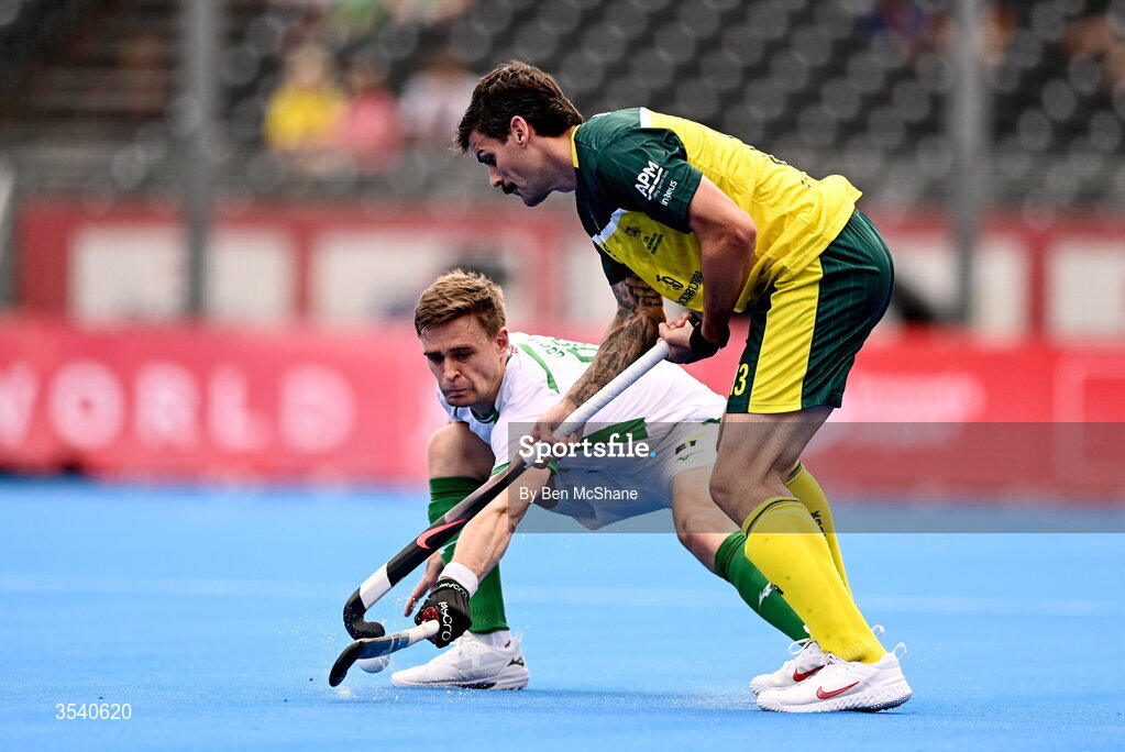 16 August 2026; Blake Govers of Australia in action against Lee Cole of Ireland during the FIH Men's Hockey World Cup 2026 Pool C match between Ireland and Australia at the Belfius Hockey Arena in Wavre, Belgium. Photo by Ben McShane/Sportsfile