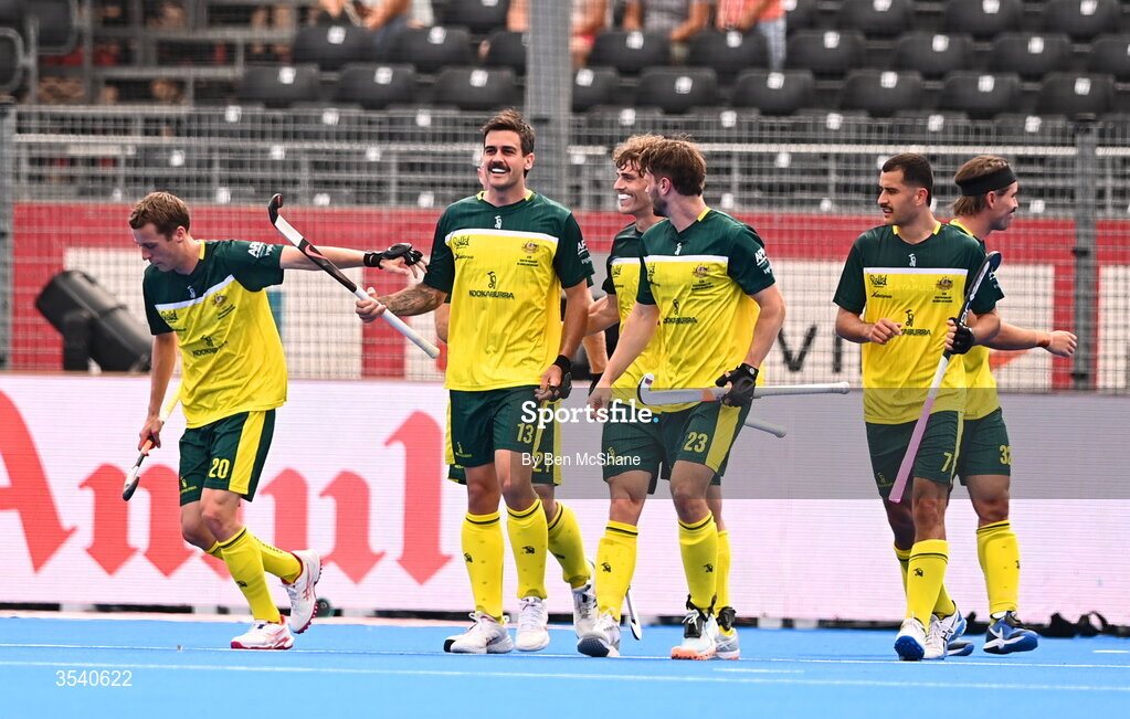16 August 2026; Blake Govers of Australia, second from left, celebrates with teammates after scoring their side's third goal, from a penalty-corner, during the FIH Men's Hockey World Cup 2026 Pool C match between Ireland and Australia at the Belfius Hockey Arena in Wavre, Belgium. Photo by Ben McShane/Sportsfile