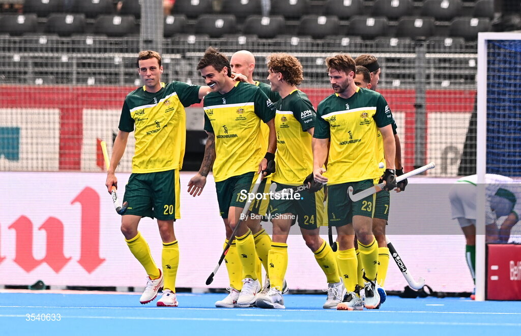 16 August 2026; Blake Govers of Australia, second from left, celebrates with teammates after scoring their side's third goal, from a penalty-corner, during the FIH Men's Hockey World Cup 2026 Pool C match between Ireland and Australia at the Belfius Hockey Arena in Wavre, Belgium. Photo by Ben McShane/Sportsfile