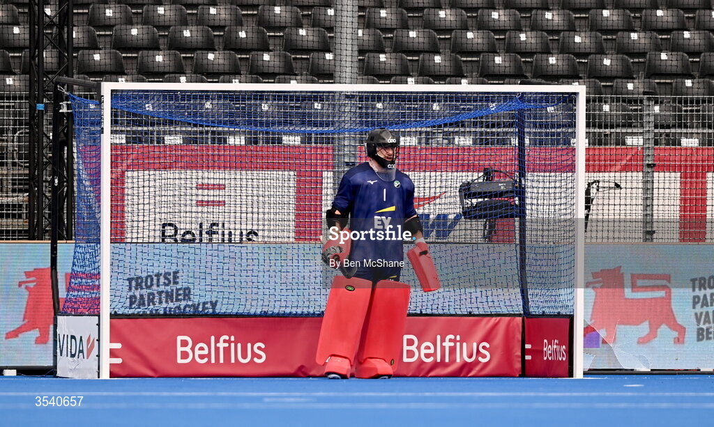 16 August 2026; Ireland goalkeeper Jamie Carr during the FIH Men's Hockey World Cup 2026 Pool C match between Ireland and Australia at the Belfius Hockey Arena in Wavre, Belgium. Photo by Ben McShane/Sportsfile