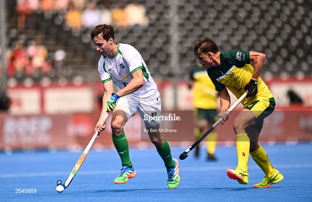 16 August 2026; Sean Murray of Ireland in action against Tim Howard of Australia during the FIH Men's Hockey World Cup 2026 Pool C match between Ireland and Australia at the Belfius Hockey Arena in Wavre, Belgium. Photo by Ben McShane/Sportsfile