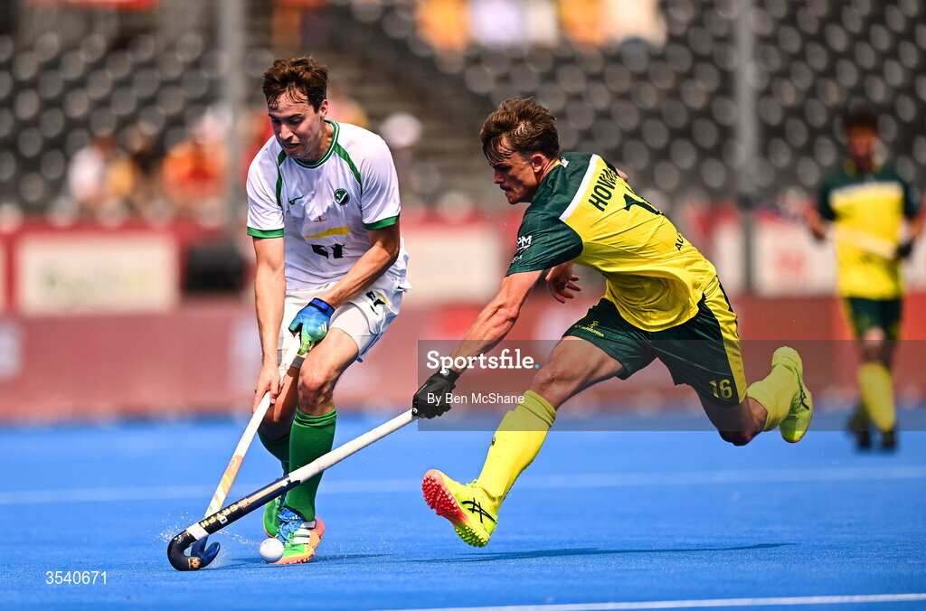 16 August 2026; Sean Murray of Ireland in action against Tim Howard of Australia during the FIH Men's Hockey World Cup 2026 Pool C match between Ireland and Australia at the Belfius Hockey Arena in Wavre, Belgium. Photo by Ben McShane/Sportsfile