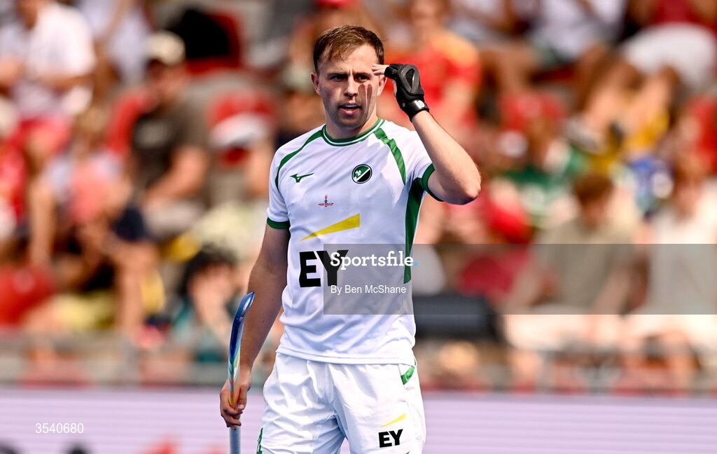16 August 2026; Luke Withrow of Ireland reacts to a missed opportunity on goal during the FIH Men's Hockey World Cup 2026 Pool C match between Ireland and Australia at the Belfius Hockey Arena in Wavre, Belgium. Photo by Ben McShane/Sportsfile
