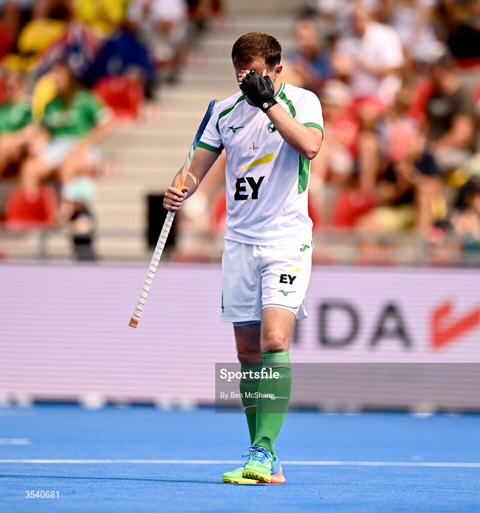 16 August 2026; Luke Withrow of Ireland reacts to a missed opportunity on goal during the FIH Men's Hockey World Cup 2026 Pool C match between Ireland and Australia at the Belfius Hockey Arena in Wavre, Belgium. Photo by Ben McShane/Sportsfile