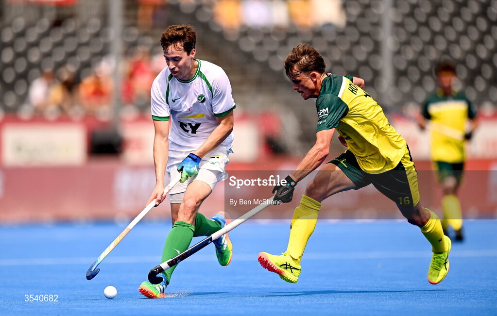 16 August 2026; Sean Murray of Ireland in action against Tim Howard of Australia during the FIH Men's Hockey World Cup 2026 Pool C match between Ireland and Australia at the Belfius Hockey Arena in Wavre, Belgium. Photo by Ben McShane/Sportsfile