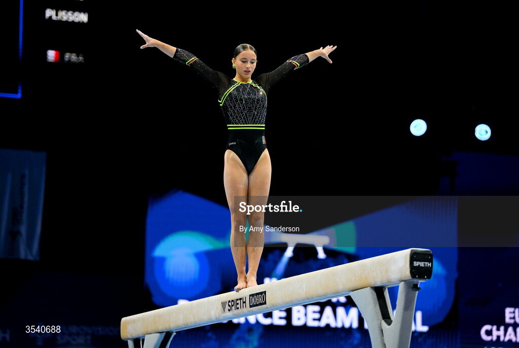 16 August 2026; Estella Volkoff of Ireland competes in the Balance Beam during the Juniors Apparatus Finals on day four of the 2026 European Championships in Women's Artistic Gymnastics at Arena Zagreb in Croatia. Photo by Amy Sanderson/Sportsfile