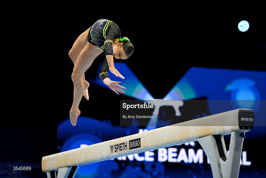 16 August 2026; Estella Volkoff of Ireland competes in the Balance Beam during the Juniors Apparatus Finals on day four of the 2026 European Championships in Women's Artistic Gymnastics at Arena Zagreb in Croatia. Photo by Amy Sanderson/Sportsfile
