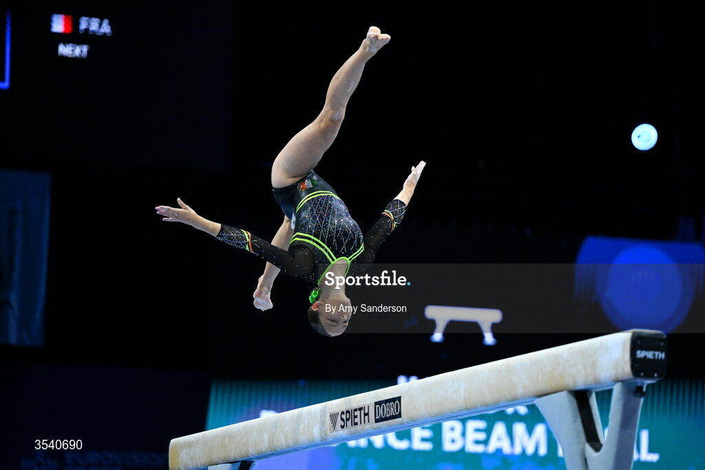16 August 2026; Estella Volkoff of Ireland competes in the Balance Beam during the Juniors Apparatus Finals on day four of the 2026 European Championships in Women's Artistic Gymnastics at Arena Zagreb in Croatia. Photo by Amy Sanderson/Sportsfile