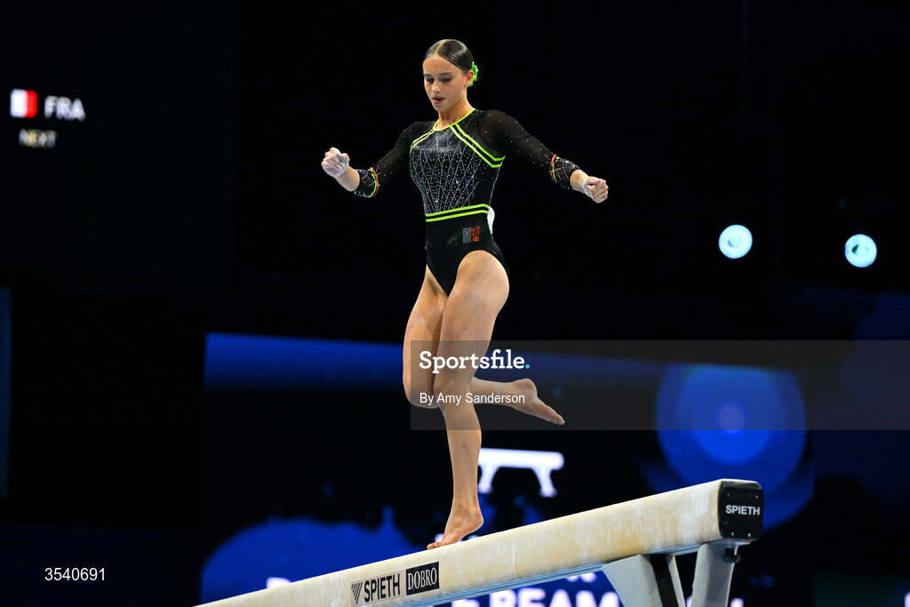 16 August 2026; Estella Volkoff of Ireland competes in the Balance Beam during the Juniors Apparatus Finals on day four of the 2026 European Championships in Women's Artistic Gymnastics at Arena Zagreb in Croatia. Photo by Amy Sanderson/Sportsfile