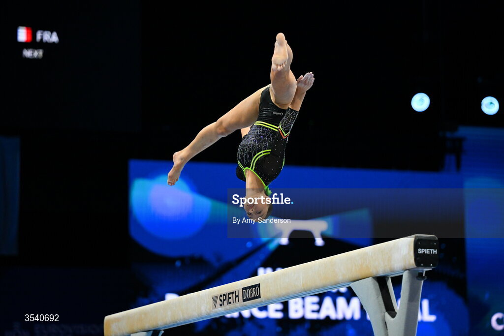 16 August 2026; Estella Volkoff of Ireland competes in the Balance Beam during the Juniors Apparatus Finals on day four of the 2026 European Championships in Women's Artistic Gymnastics at Arena Zagreb in Croatia. Photo by Amy Sanderson/Sportsfile
