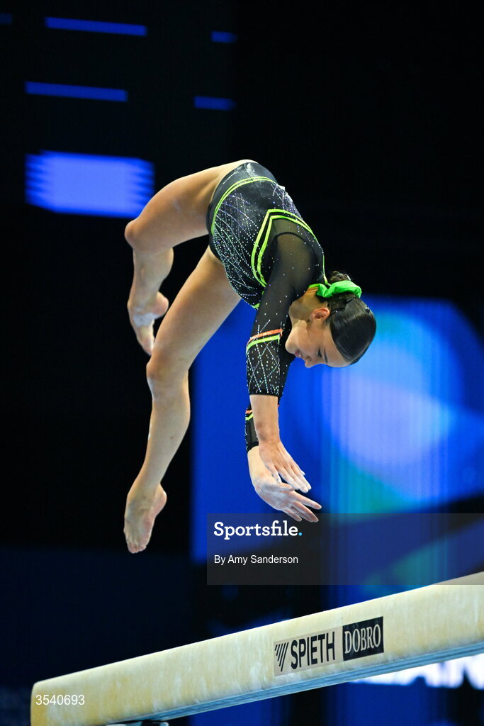 16 August 2026; Estella Volkoff of Ireland competes in the Balance Beam during the Juniors Apparatus Finals on day four of the 2026 European Championships in Women's Artistic Gymnastics at Arena Zagreb in Croatia. Photo by Amy Sanderson/Sportsfile