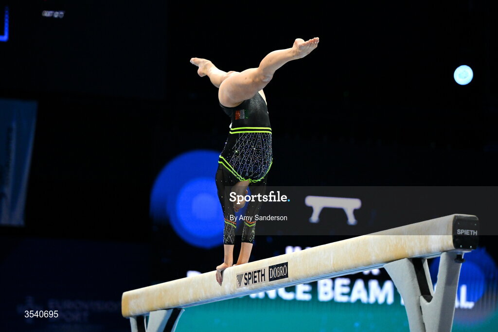 16 August 2026; Estella Volkoff of Ireland competes in the Balance Beam during the Juniors Apparatus Finals on day four of the 2026 European Championships in Women's Artistic Gymnastics at Arena Zagreb in Croatia. Photo by Amy Sanderson/Sportsfile