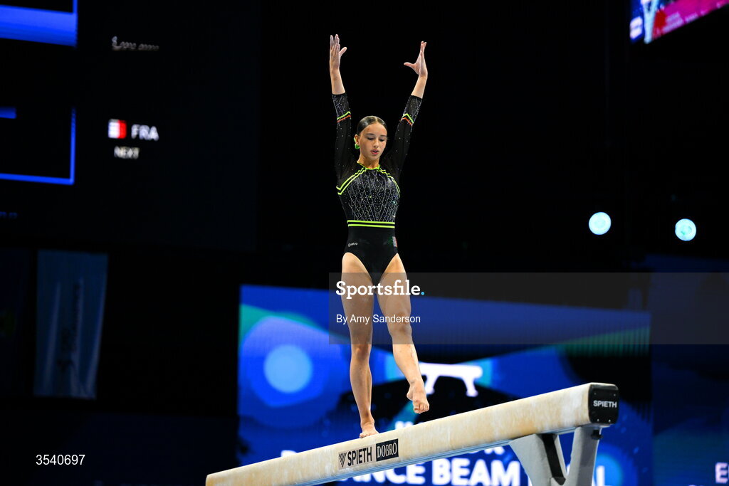 16 August 2026; Estella Volkoff of Ireland competes in the Balance Beam during the Juniors Apparatus Finals on day four of the 2026 European Championships in Women's Artistic Gymnastics at Arena Zagreb in Croatia. Photo by Amy Sanderson/Sportsfile