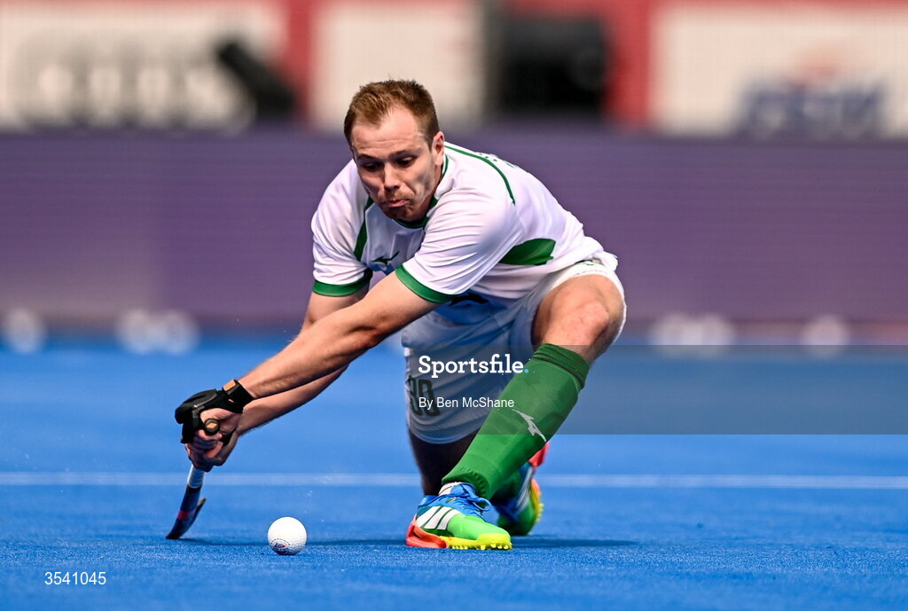 16 August 2026; Fergus Gibson of Ireland during the FIH Men's Hockey World Cup 2026 Pool C match between Ireland and Australia at the Belfius Hockey Arena in Wavre, Belgium. Photo by Ben McShane/Sportsfile