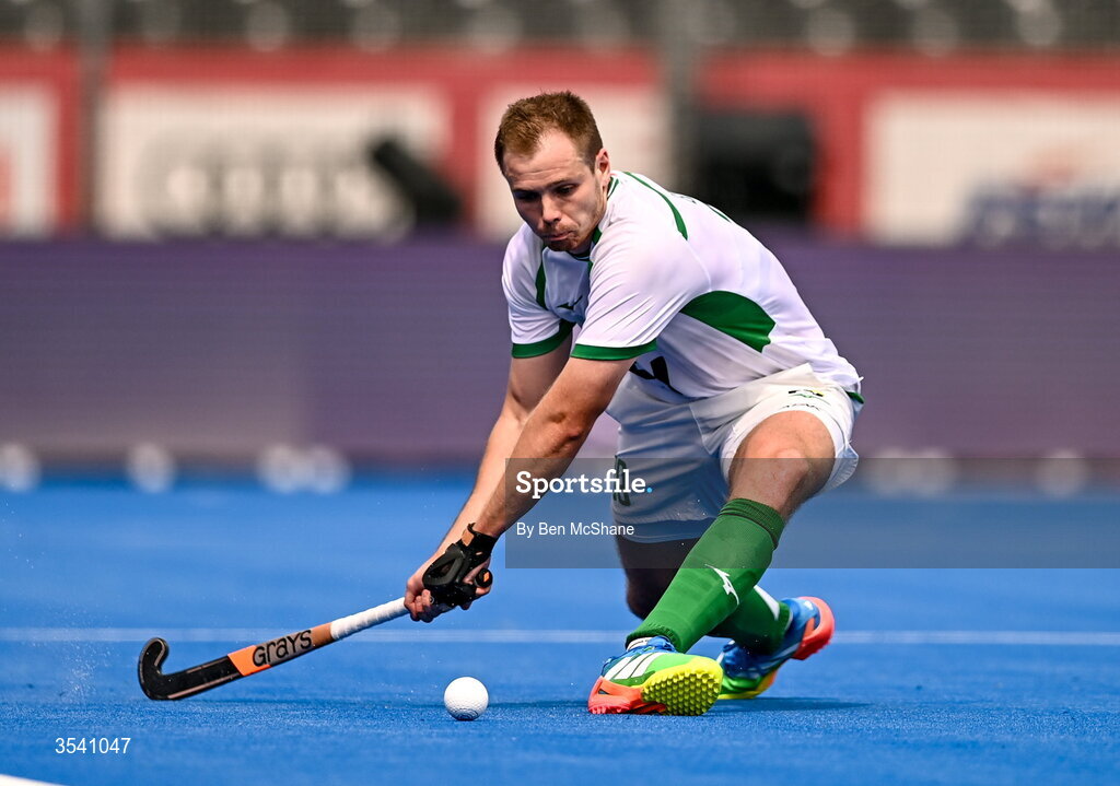 16 August 2026; Fergus Gibson of Ireland during the FIH Men's Hockey World Cup 2026 Pool C match between Ireland and Australia at the Belfius Hockey Arena in Wavre, Belgium. Photo by Ben McShane/Sportsfile