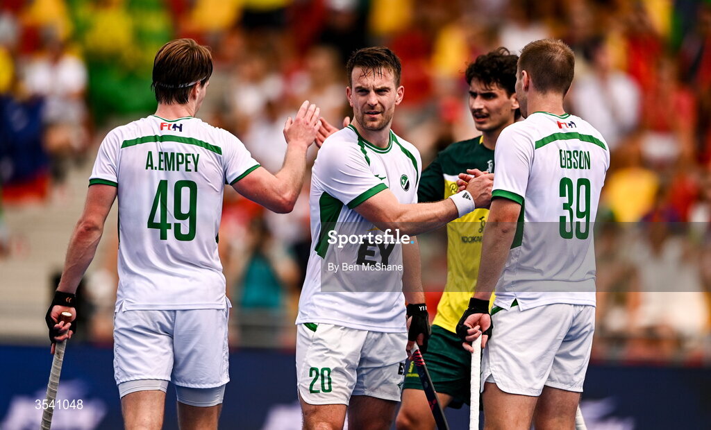 16 August 2026; Ireland players, from left, Alistair Empey, Jeremy Duncan and Fergus Gibson after their side's defeat in the FIH Men's Hockey World Cup 2026 Pool C match between Ireland and Australia at the Belfius Hockey Arena in Wavre, Belgium. Photo by Ben McShane/Sportsfile