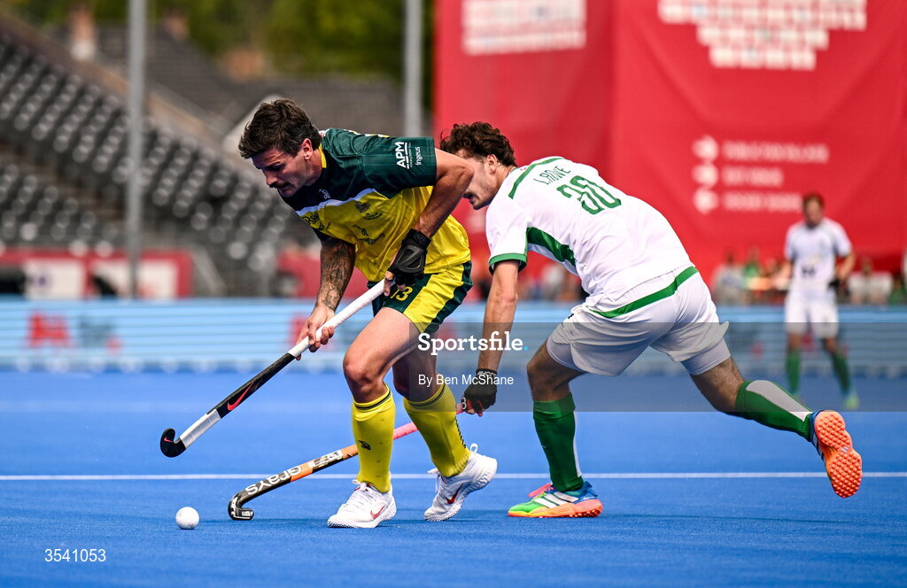 16 August 2026; Blake Govers of Australia in action against Louis Rowe of Ireland during the FIH Men's Hockey World Cup 2026 Pool C match between Ireland and Australia at the Belfius Hockey Arena in Wavre, Belgium. Photo by Ben McShane/Sportsfile