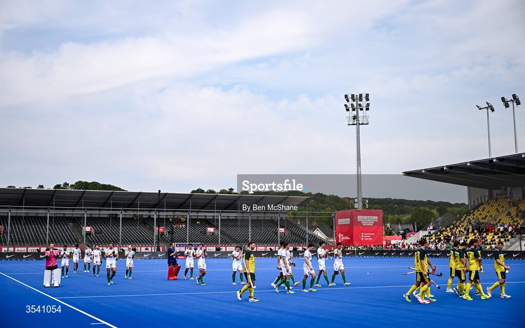 16 August 2026; Ireland and Australia players applaud the supporters during a lap of honour after the FIH Men's Hockey World Cup 2026 Pool C match between Ireland and Australia at the Belfius Hockey Arena in Wavre, Belgium. Photo by Ben McShane/Sportsfile