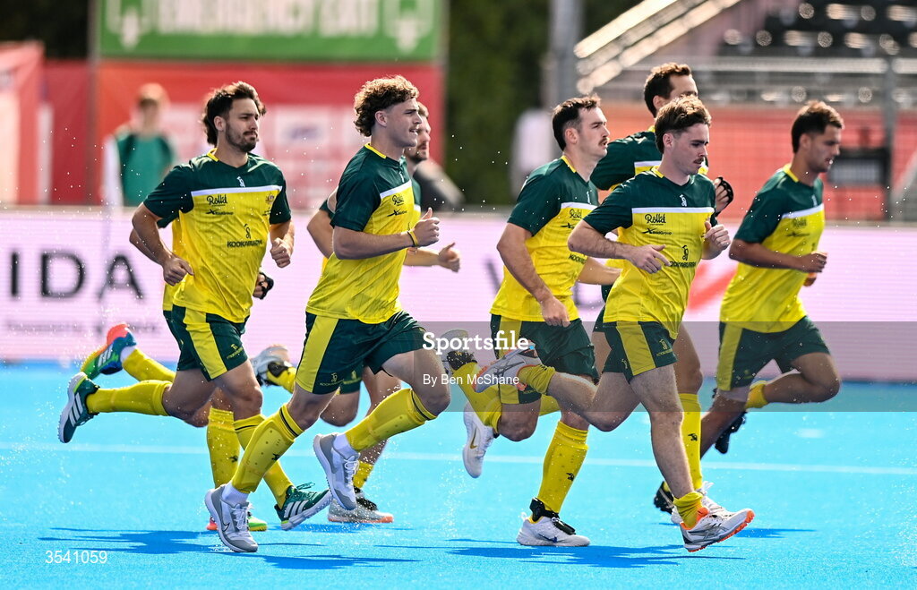 16 August 2026; Australia players warm-up before the FIH Men's Hockey World Cup 2026 Pool C match between Ireland and Australia at the Belfius Hockey Arena in Wavre, Belgium. Photo by Ben McShane/Sportsfile