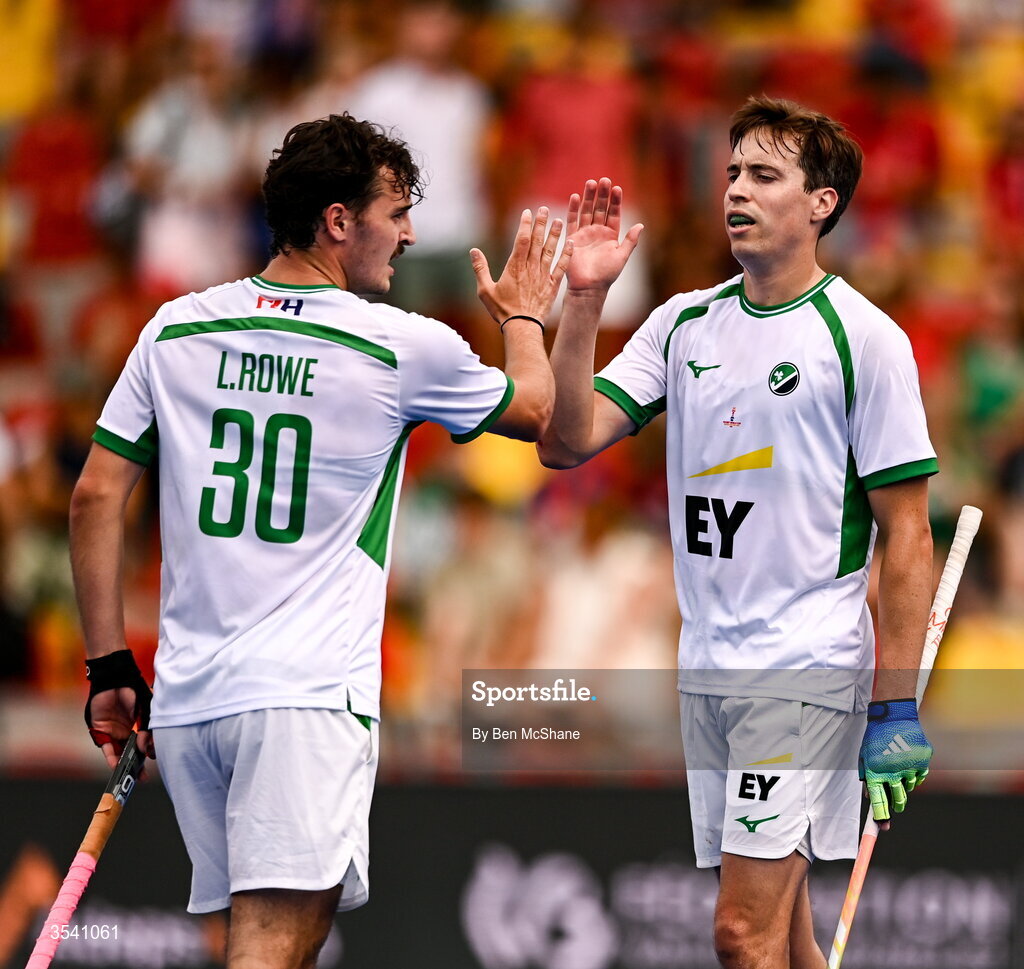 16 August 2026; Sean Murray, right, and Louis Rowe of Ireland after during the FIH Men's Hockey World Cup 2026 Pool C match between Ireland and Australia at the Belfius Hockey Arena in Wavre, Belgium. Photo by Ben McShane/Sportsfile